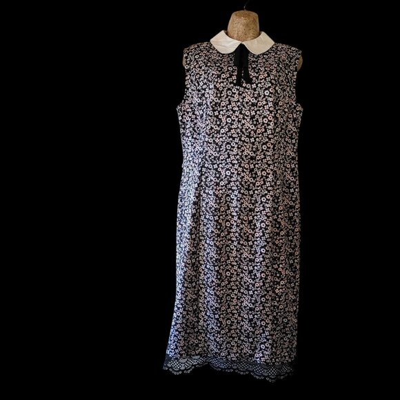 Vintage-Style Sleeveless Floral Midi Dress W/ Lace Hem Peter Pan Collar & Ribbon - Picture 2 of 14